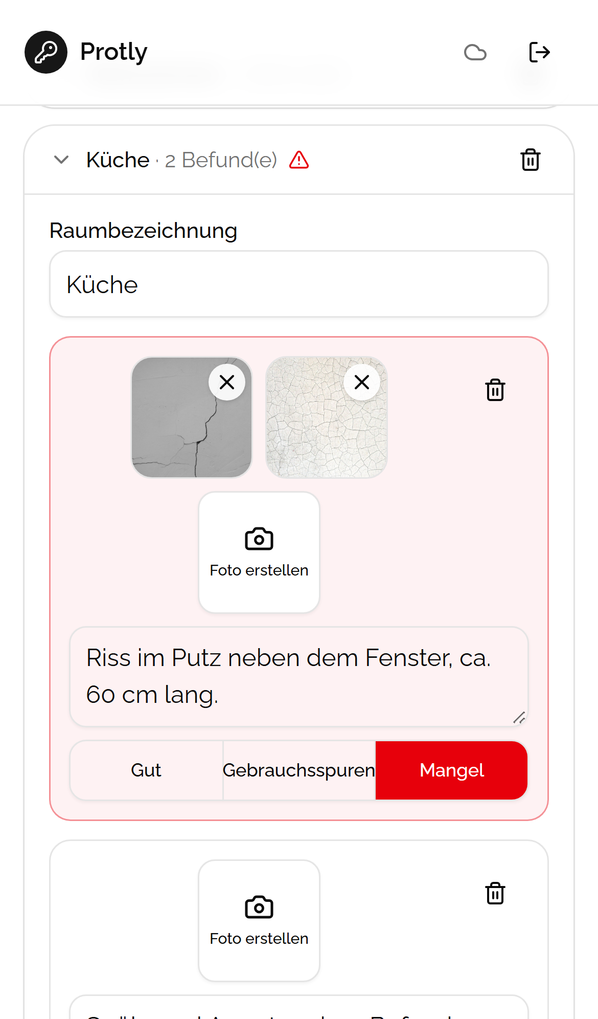 Protly am Smartphone: Raum Küche mit einem als Mangel markierten Riss, zwei Fotos und Beschreibung